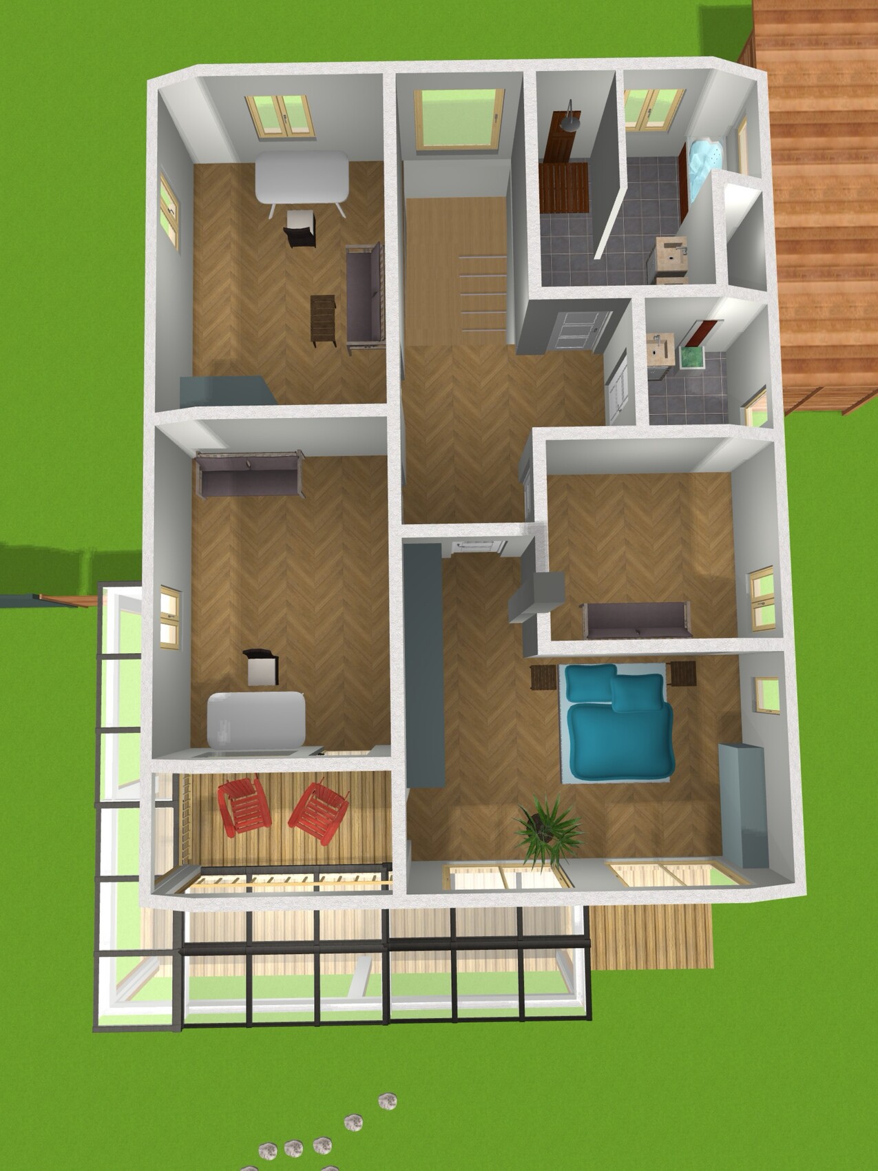 Isometrischer Grundriss eines Hauses mit Wohnzimmer, Schlafzimmern, Küche, Bad, Flur, Terrasse.