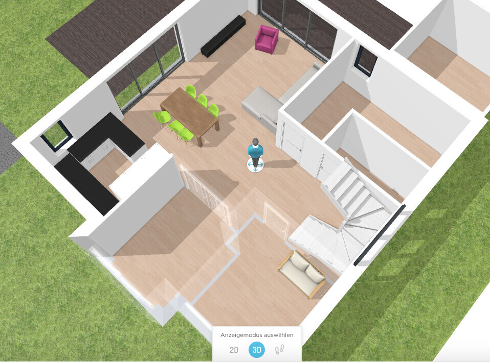 3D-Wohnplan: Offene Küche, Esstisch mit grünen Stühlen, Sofa, Treppe, Person im Raum