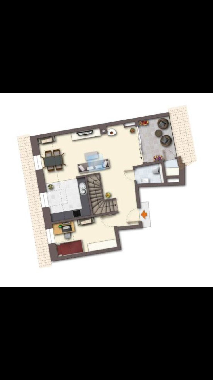 Grundriss eines Apartments: Wohnzimmer, Küche, Essbereich, Schlafzimmer, Bad, Treppenhaus, Balkon.