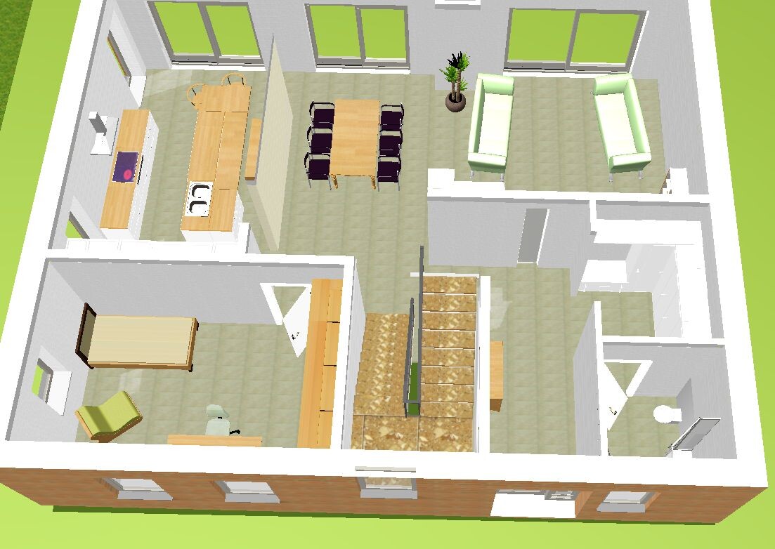 Grundriss eines Hauses: Küche mit Insel, Essbereich, Wohnzimmer, Treppenhaus, Schlafzimmer, Bad.