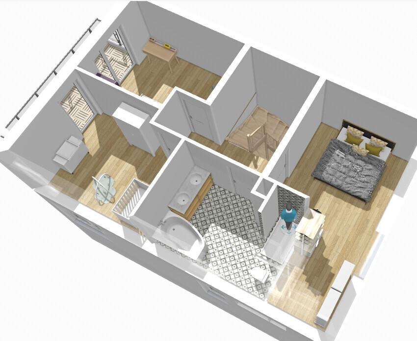 3D-Grundriss eines Apartments: Schlafzimmer, Badezimmer mit Doppelwaschbecken, Wohnbereich und Balkon.