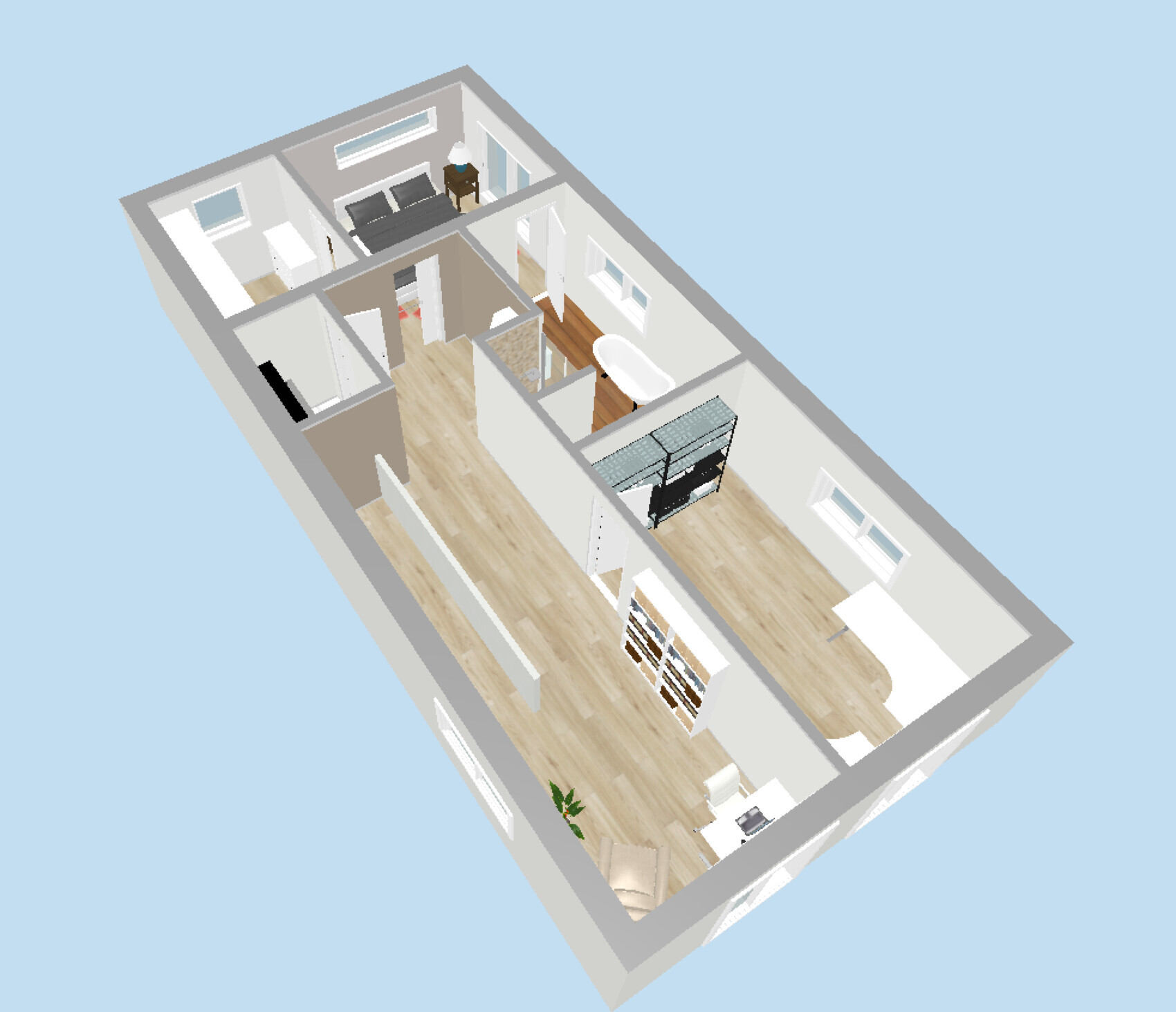 3D-Draufsicht eines Apartments: Wohnzimmer, Küche, Bad, Schlafzimmer, Flur und Arbeitsbereich.