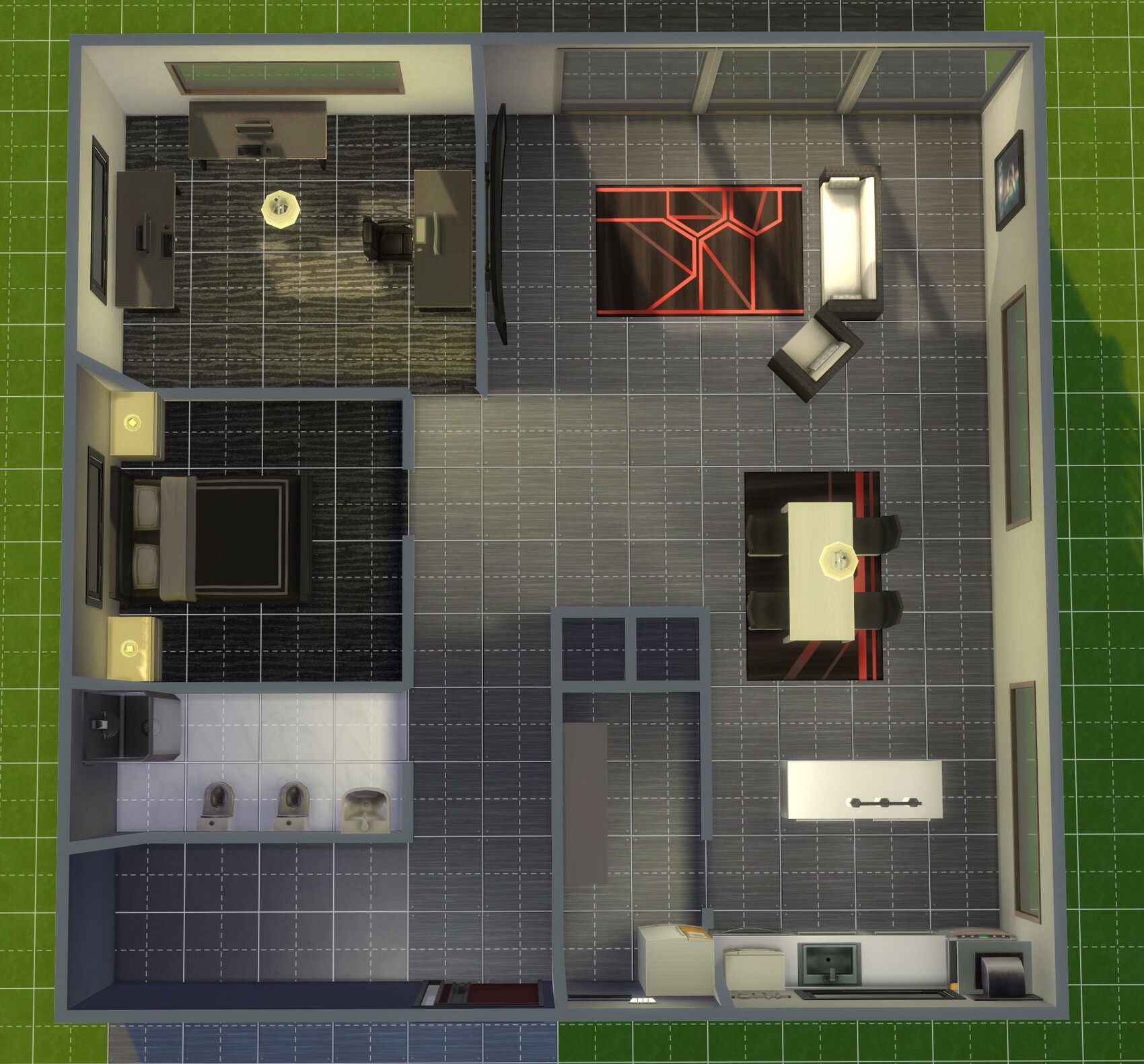 3D-Grundriss eines Apartments mit Wohnzimmer, Küche, Essbereich, Schlafzimmer und Bad aus Vogelperspektive