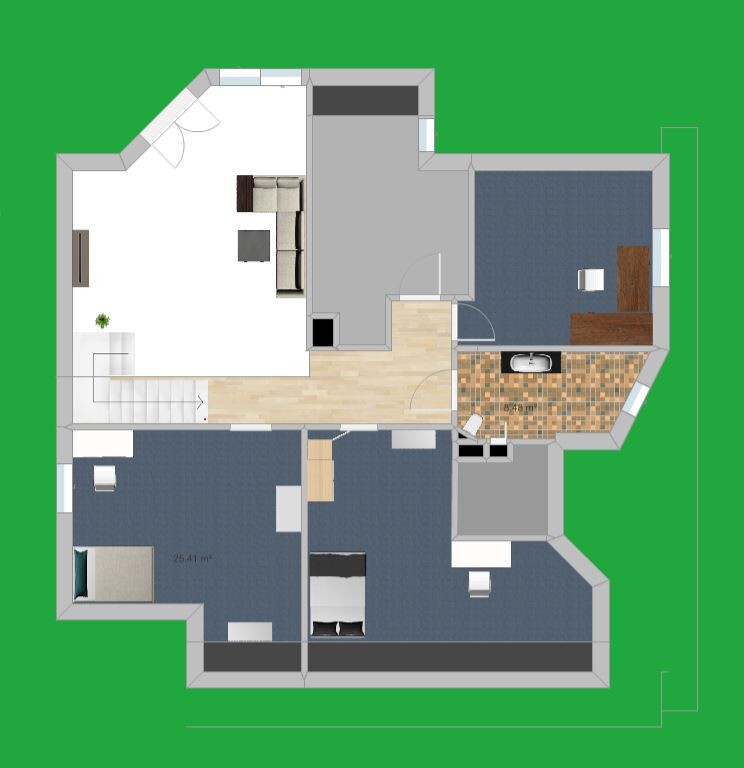 Grundriss eines Hauses von oben mit Wohnzimmer, Küche, Bad, Flur, Treppenhaus und Schlafzimmern.