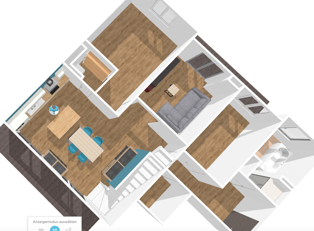 3D-Ansicht eines Apartments: Küche mit Esstisch, offenes Wohnzimmer, Schlafzimmer, Bad.