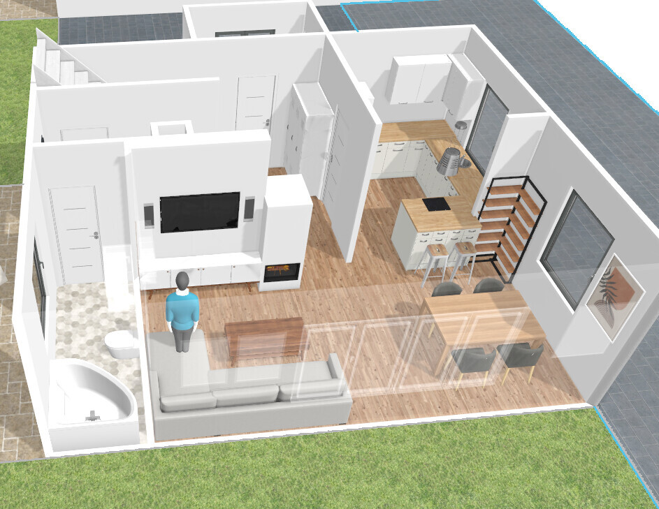 3D-Ansicht eines offenen Wohn- und Küchenbereichs mit Esstisch, Sofa, TV und Kamin.