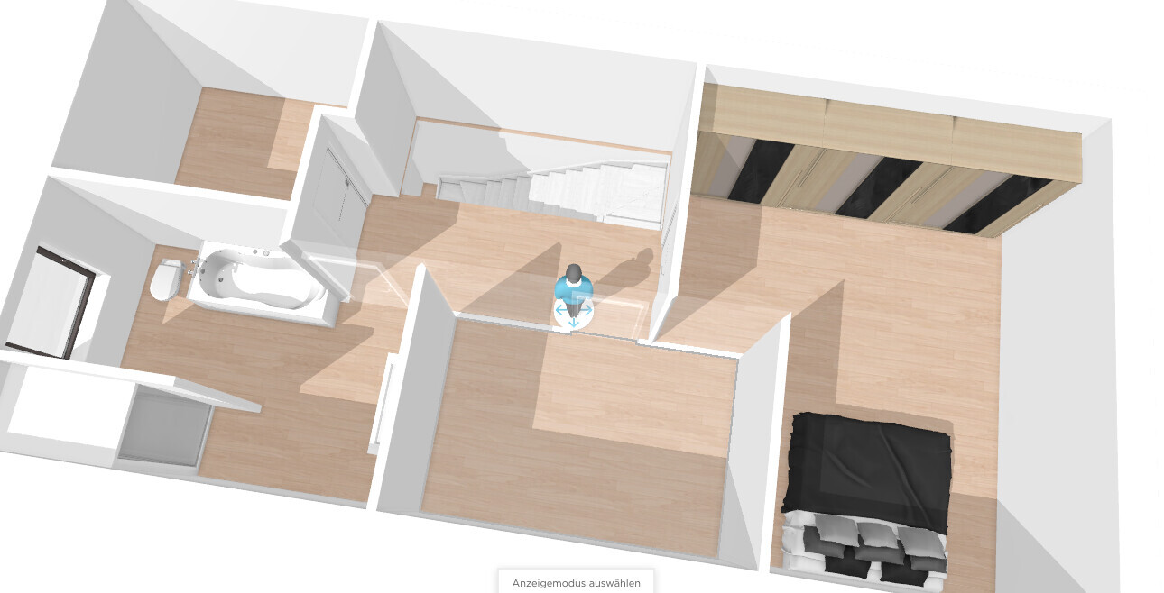 3D-Grundriss eines Apartments: Schlafzimmer mit Bett, Kleiderschrank, Badewanne, Treppenaufgang.
