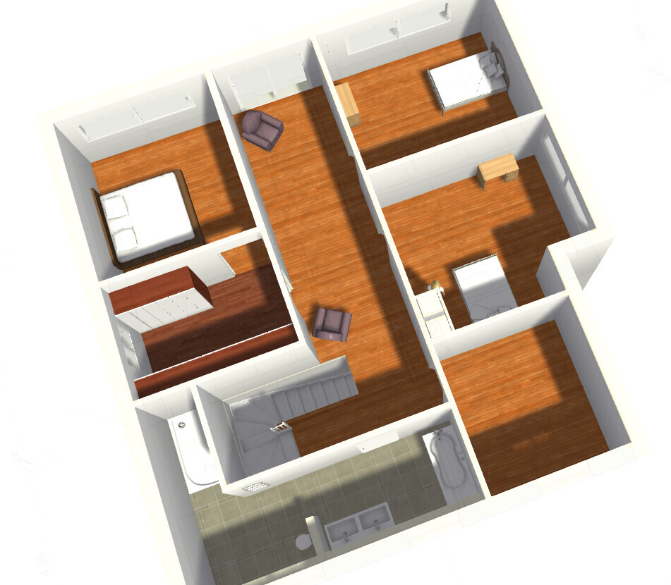Isometrischer Grundriss eines Hauses: Flur, drei Schlafzimmer, Bad, Küche und Treppe.