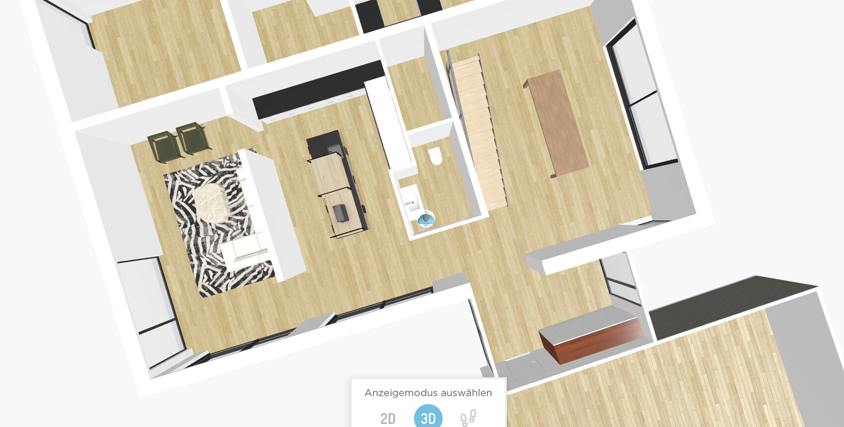 3D-Grundriss eines modernen Apartments mit Wohnzimmer, Küche, Bad und Essbereich.