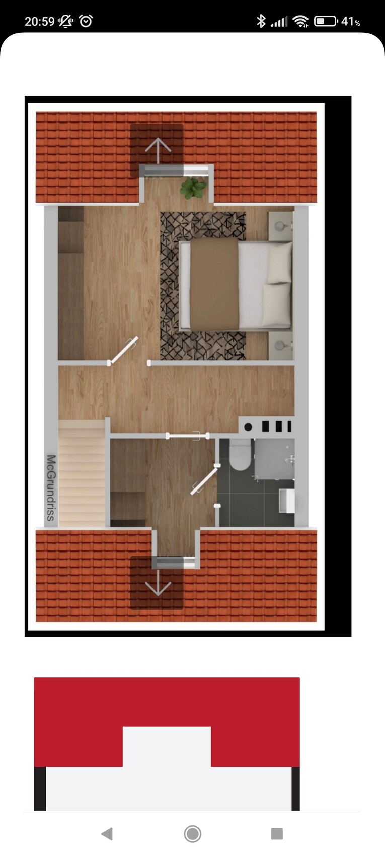 Top-Down-Grundriss einer Wohnung: Schlafzimmer, Bad, Küche, Flur und Treppe.