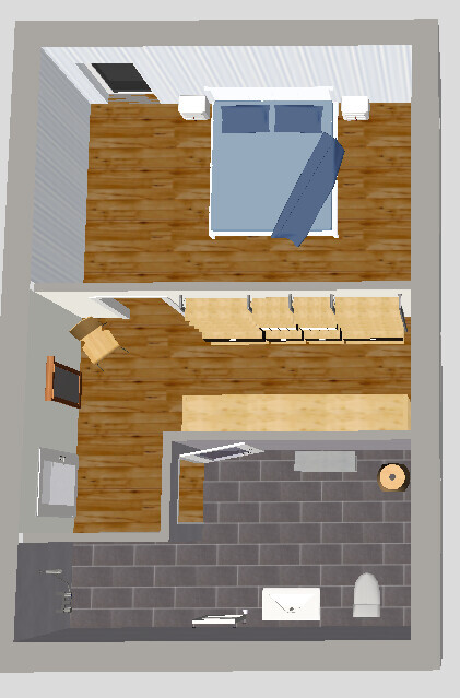 3D-Grundriss einer Wohnung mit Schlafzimmer, Küche und Bad