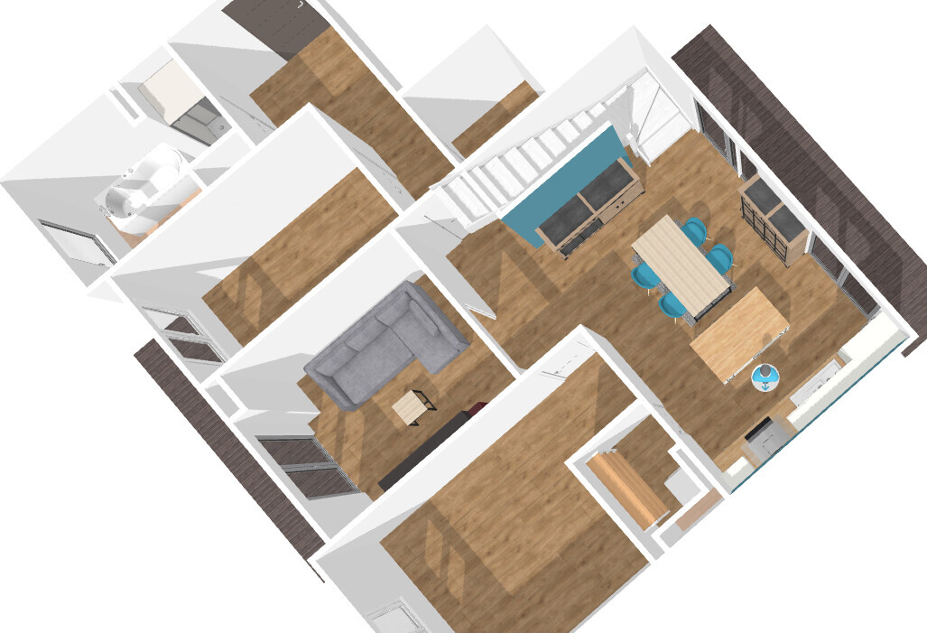 Isometrische 3D-Ansicht einer Wohnung: Wohnzimmer, Essbereich, Küche, Treppe und Bad.