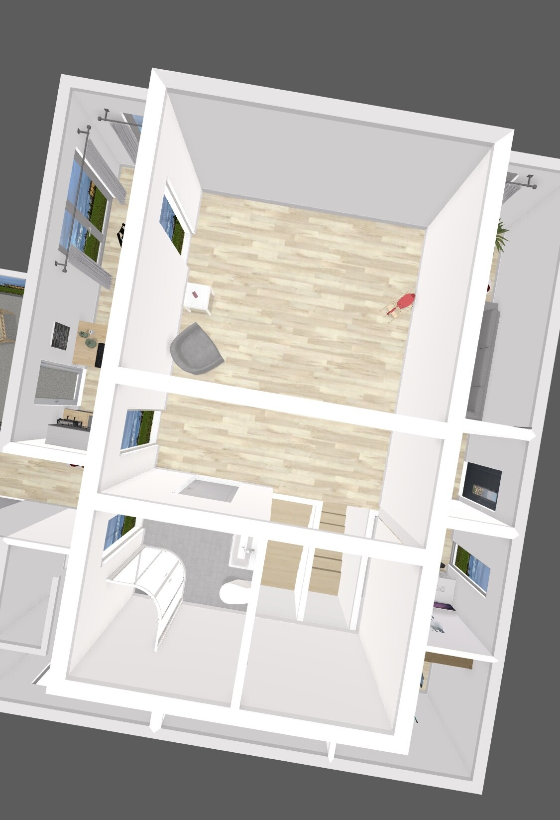 Isometrischer 3D-Grundriss einer Wohnung von oben: Wohnzimmer, Küche, Bad.