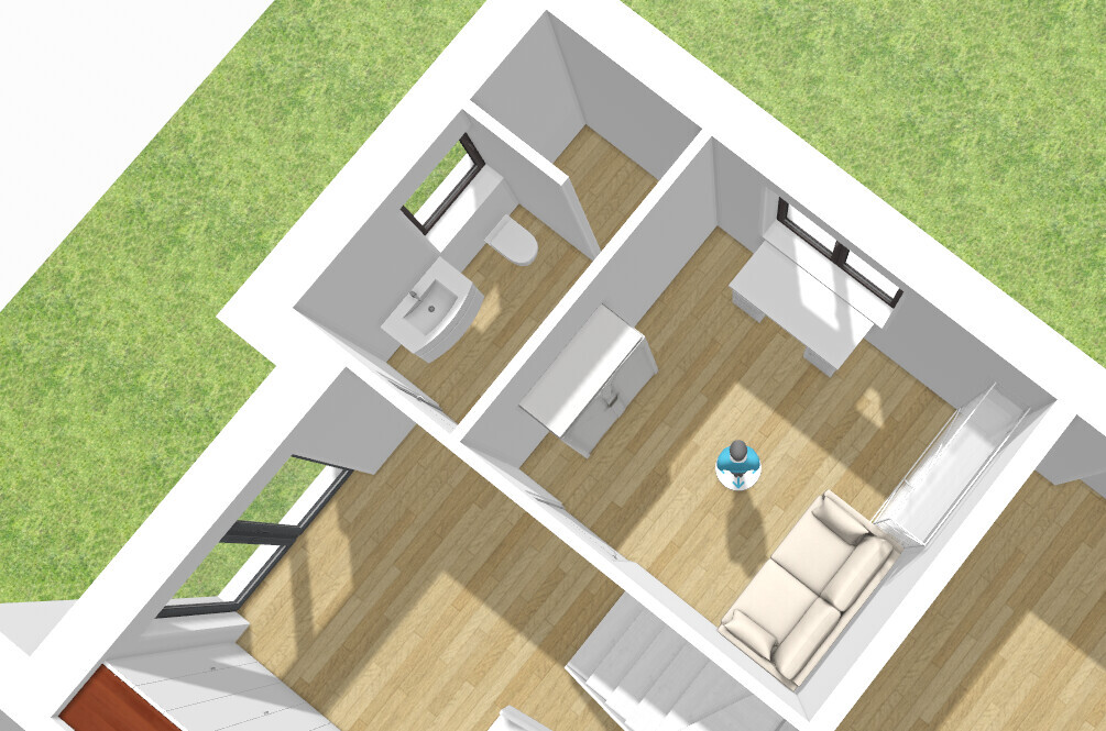 3D-Ansicht eines kleinen Apartments von oben: Wohnzimmer mit Sofa, Bad, Küche, Arbeitsbereich.