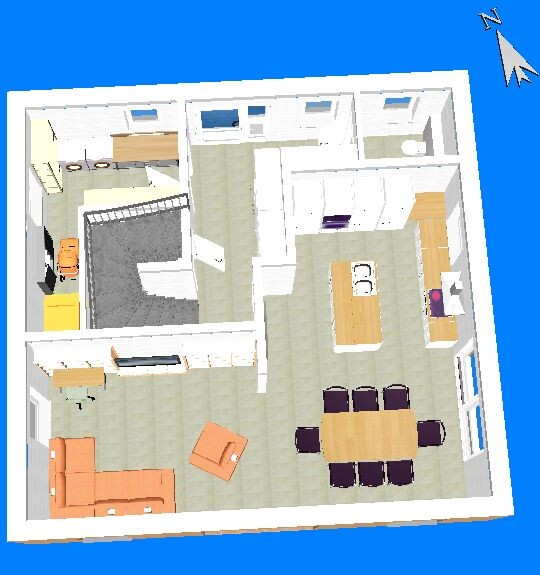 Dreidimensionaler Grundriss eines Hauses: Wohnzimmer, Essbereich, Küche und Treppe.