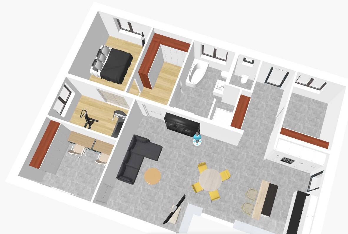 3D-Draufsicht einer Wohnung: Wohnzimmer, Küche, Essbereich, Schlafzimmer, Bad.