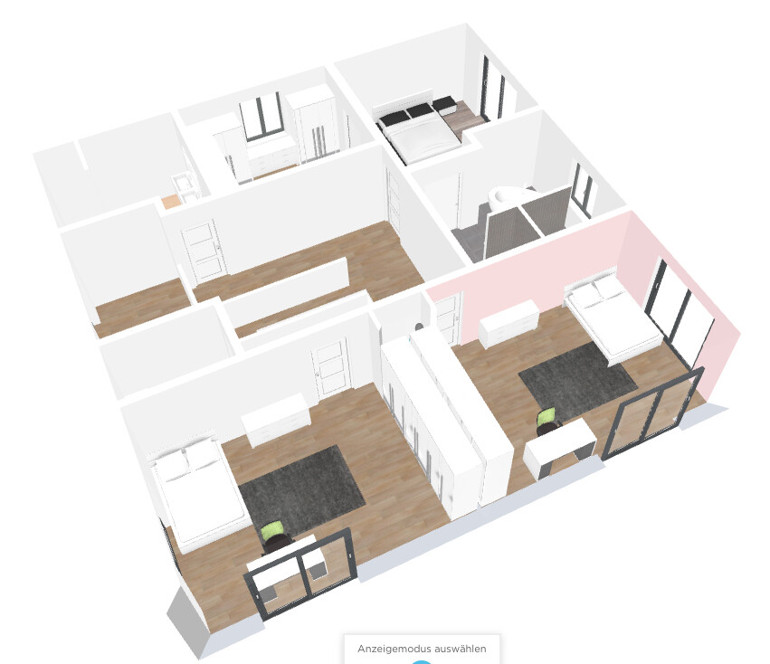 3D-Grundriss einer Wohnung mit Schlafzimmern, Arbeitsbereich, Bad und Küche.