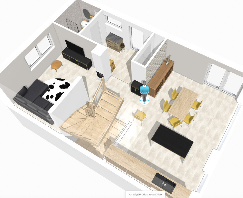 Isometrischer Grundriss einer Wohnung: Wohnzimmer mit Sofa, TV, Esstisch, Küche, Treppe und Person.