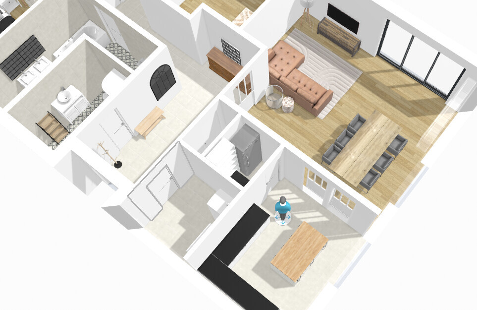 3D-Grundriss eines Wohn- und Essbereichs mit Küche, Sofa, Esstisch, TV und Treppe.