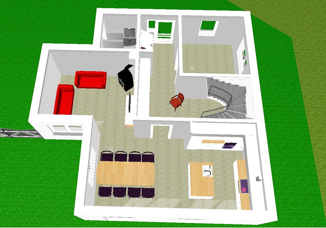 3D-Grundriss eines Hauses mit Wohnzimmer, Esstisch, Küche, Treppe und Schlafzimmer