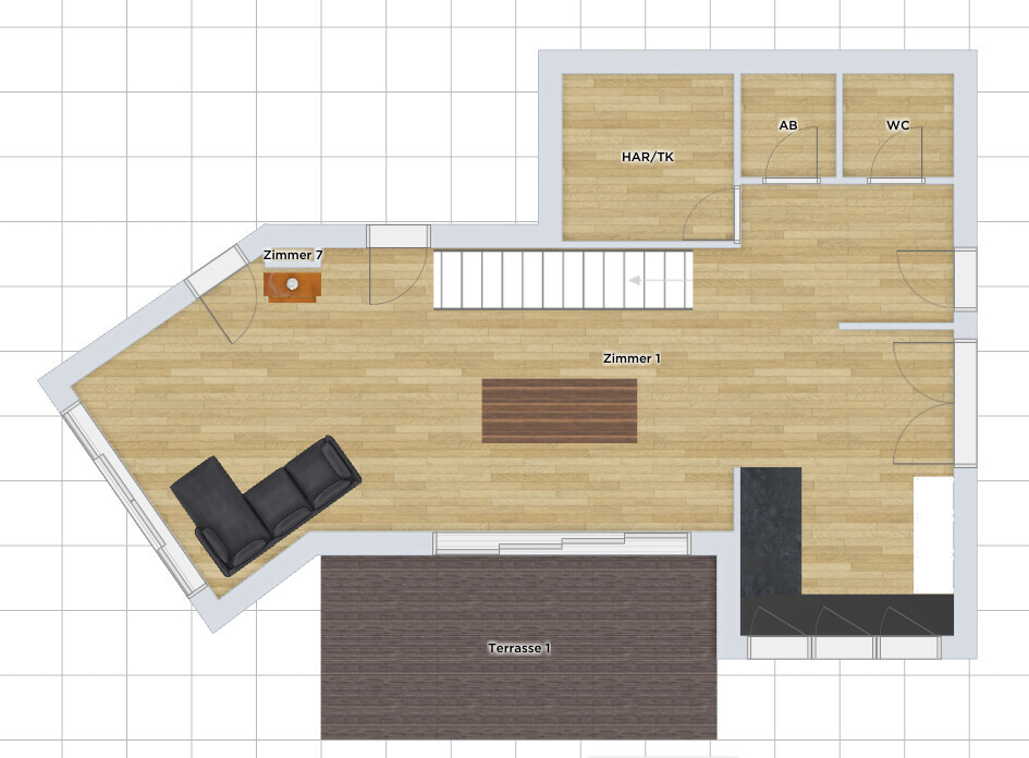 Grundriss eines Wohnbereichs mit Terrasse, Küche, Treppenhaus, Zimmer 1 und 7.