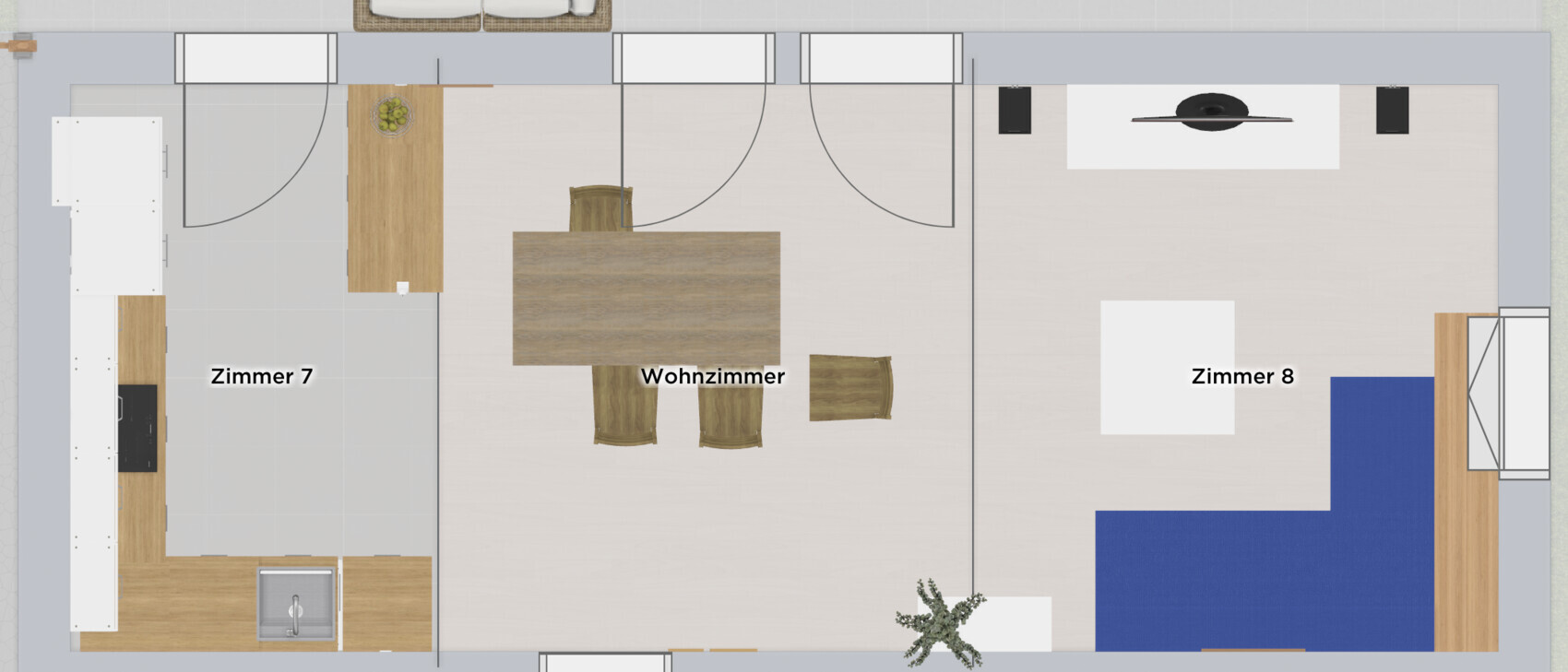 Grundriss eines Apartments: Zimmer 7 (Küche), Wohnzimmer mit Esstisch, Zimmer 8 (Schlafzimmer).