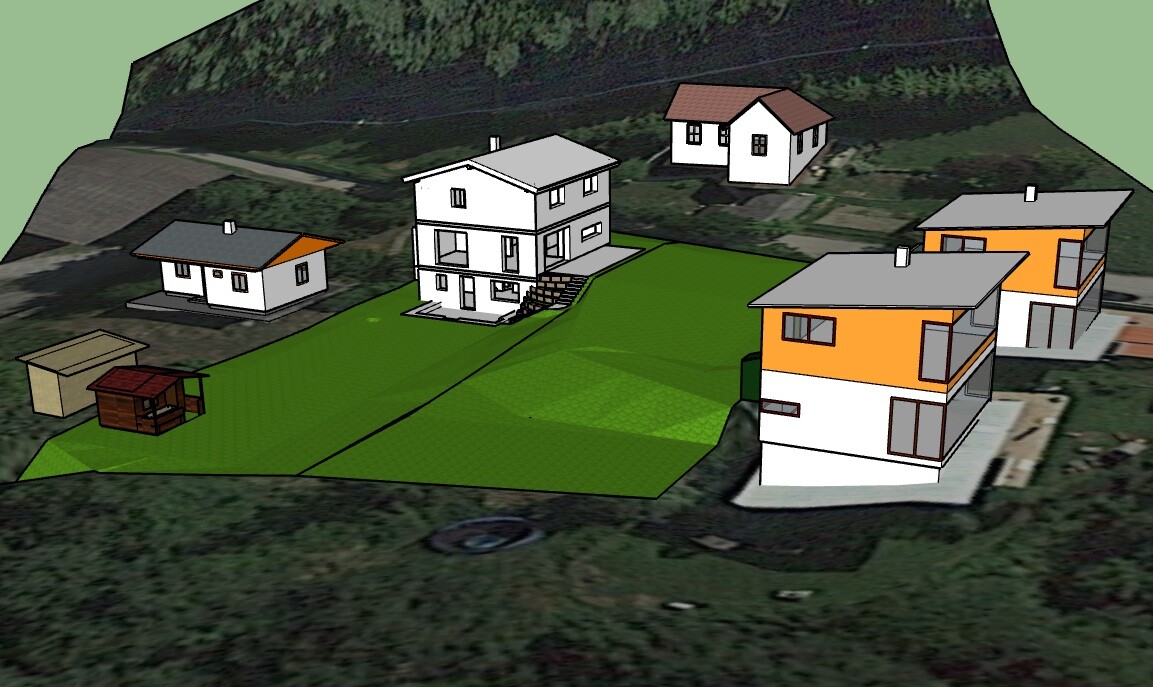 3D-Visualisierung eines Wohngebiets mit mehreren modernen Häusern auf grünem Gelände und Hang im Hintergrund