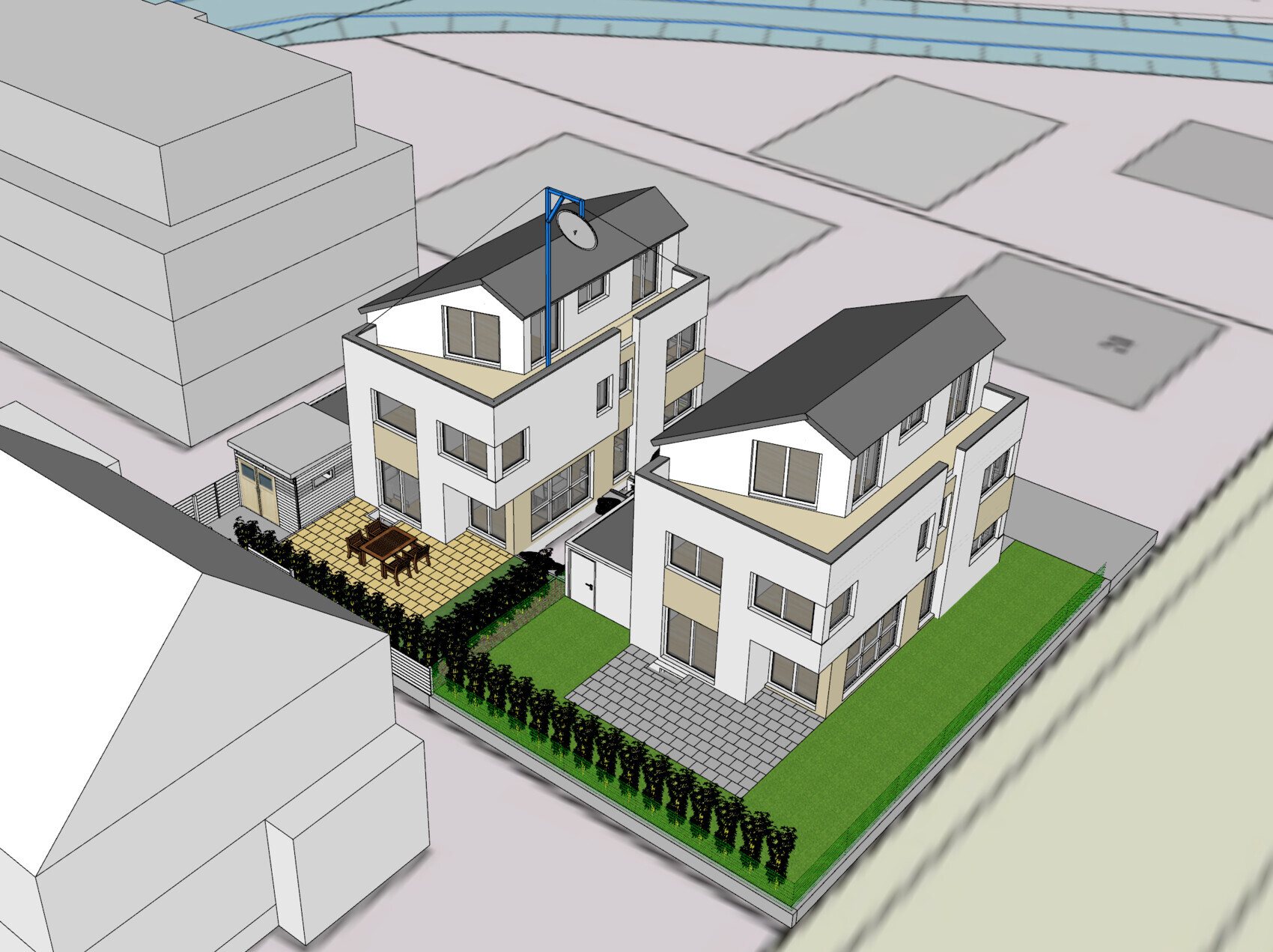 Zwei moderne weiße Mehrfamilienhäuser mit Garten, Terrasse, Hecke und Parkplatz.