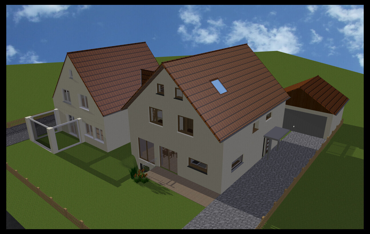 Einfamilienhaus mit rotem Ziegeldach, Dachgauben, Garage und gepflegtem Garten auf grünem Grundstück.