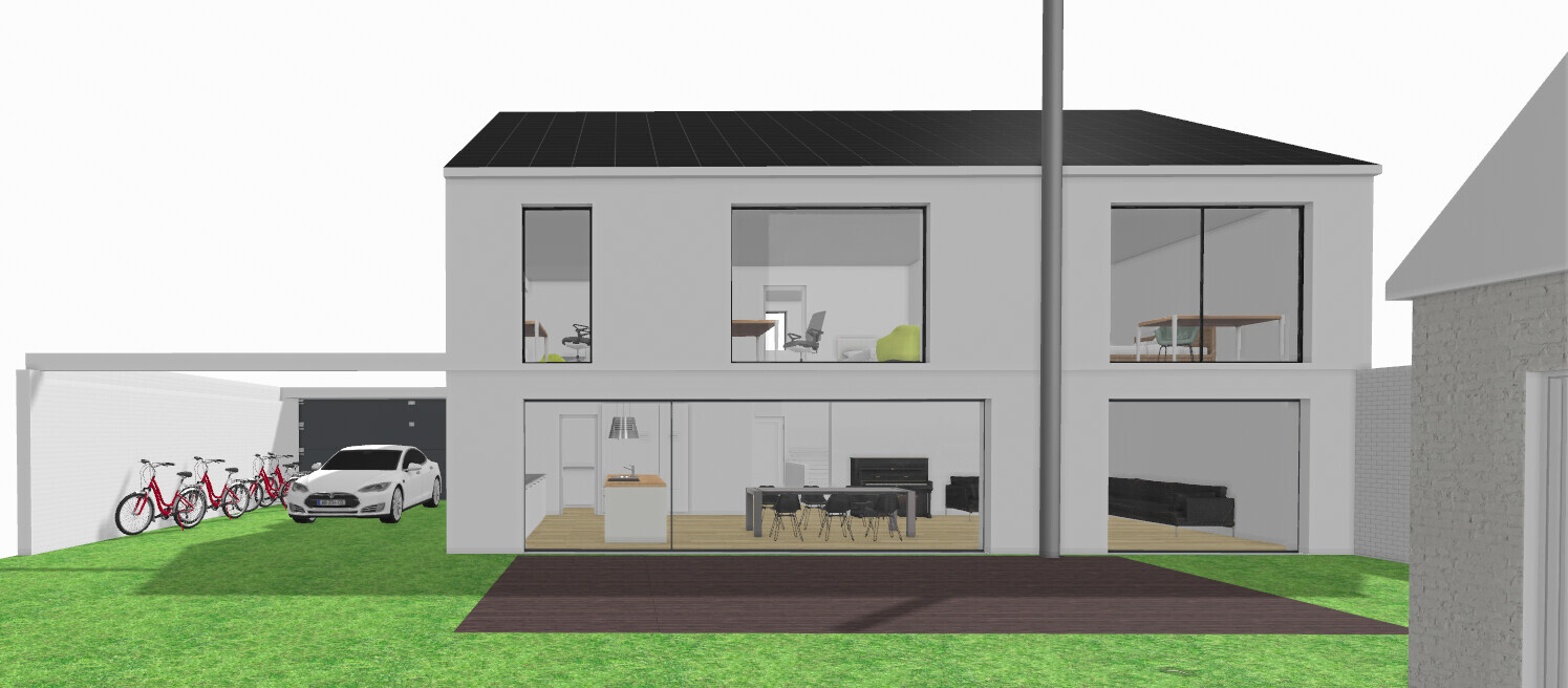 Modernes zweistöckiges Haus mit Glasfront, Carport, Fahrräder und grünem Garten.