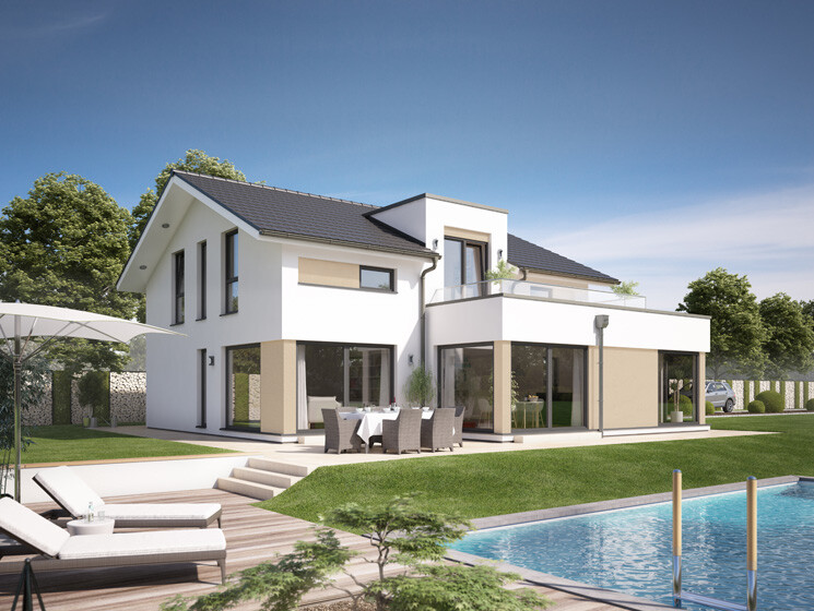 Modernes weißes Einfamilienhaus mit großer Terrasse, Pool, Esstisch und Gartenliegen.