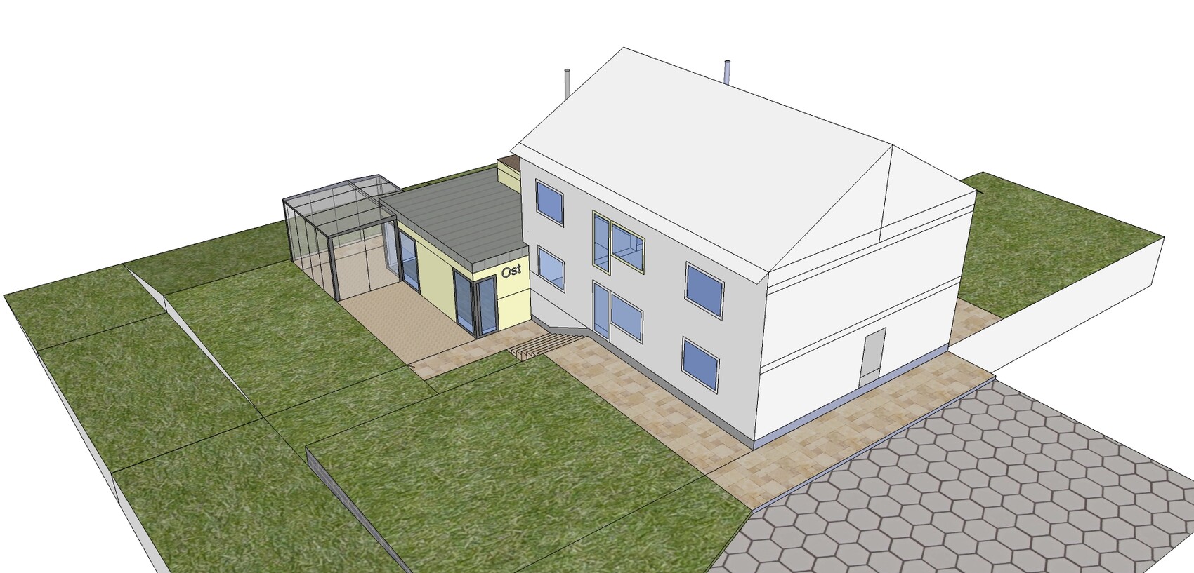 3D-Ansicht eines Hauses mit gelber Flachdach-Erweiterung, Glasveranda, Garten und Hof.