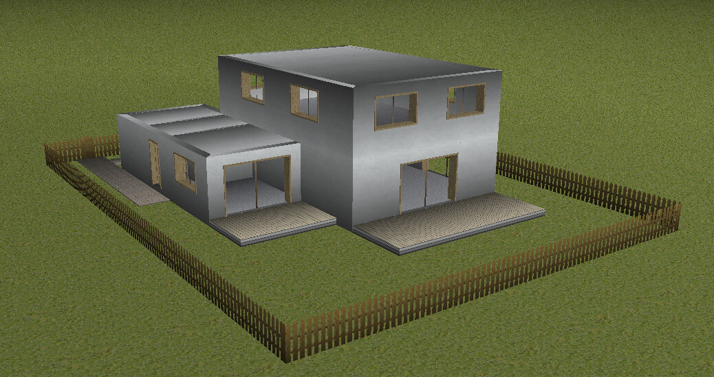 Modernes zweistöckiges Haus mit grauer Fassade, großen Fenstern, Terrassen und Holzzaun um das Grundstück.