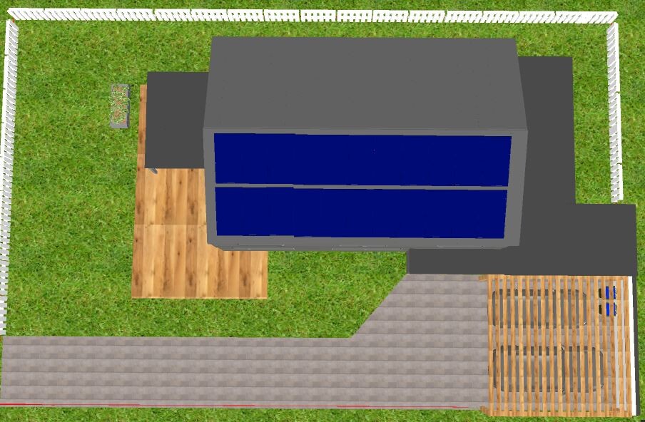 Vogelperspektive: modernes graues Haus mit blauen Fenstern, Holzdeck und Garten.