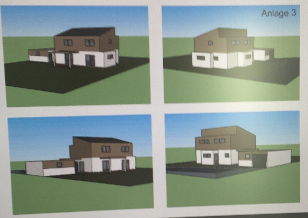 Vier 3D-Haus-Renderings eines modernen Einfamilienhauses auf grünem Grundstück.