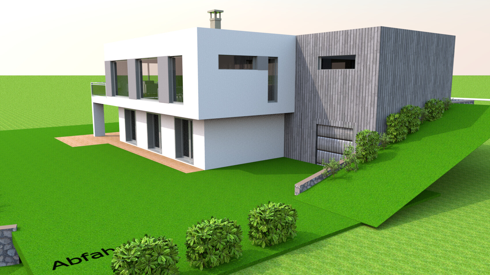 Moderne Doppelvilla: Weißer Kubus links, graue Holzstruktur rechts, große Fenster, Terrasse am Hang.