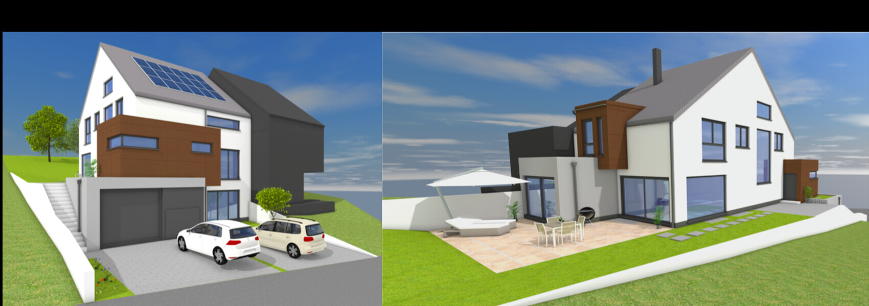 Moderne Villa mit Solarmodulen, Garage und zwei Autos; Terrasse mit Esstisch und Sonnenschirm.