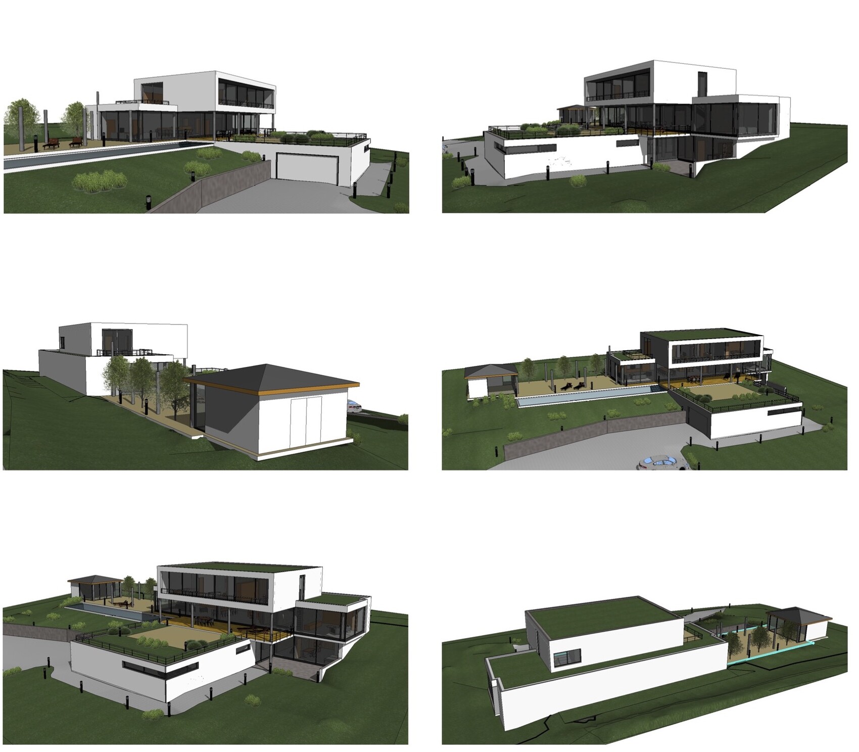 Moderne Villa mit flachen Dächern, Terrassen, Glasflächen, grünem Umfeld – mehrere Ansichten.