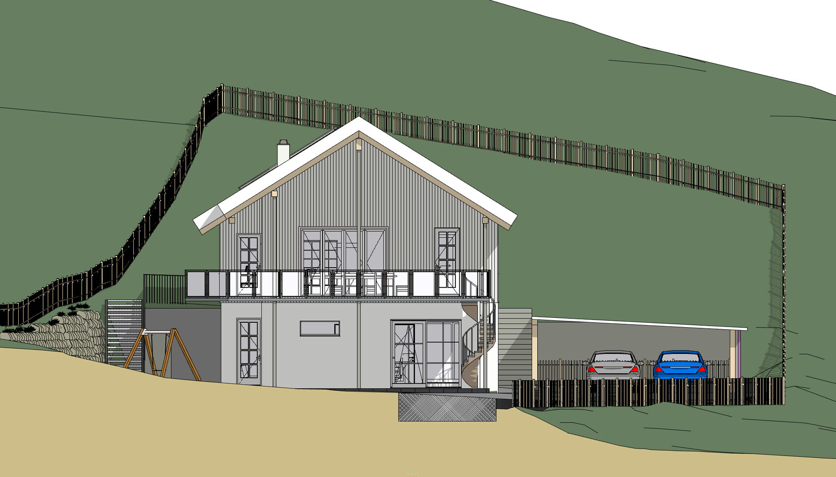 Außenansicht eines zweistöckigen Hauses auf Hang mit Terrasse, Treppen, Zaun und Carport.