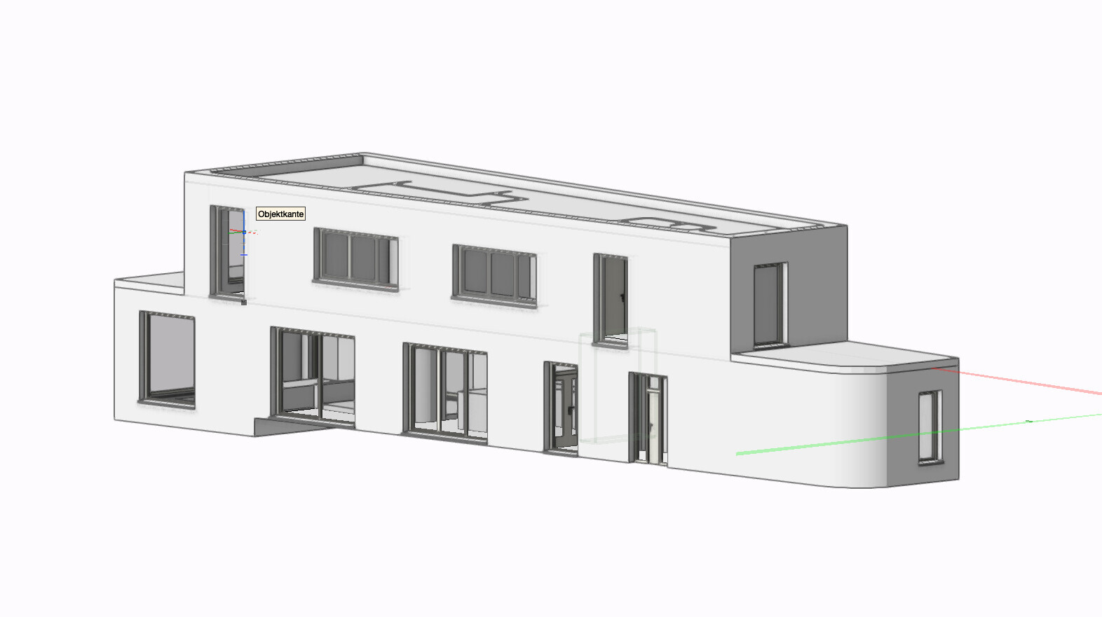 3D-Modell eines modernen Hauses mit zwei Etagen, großen Fenstern und Glasfronten
