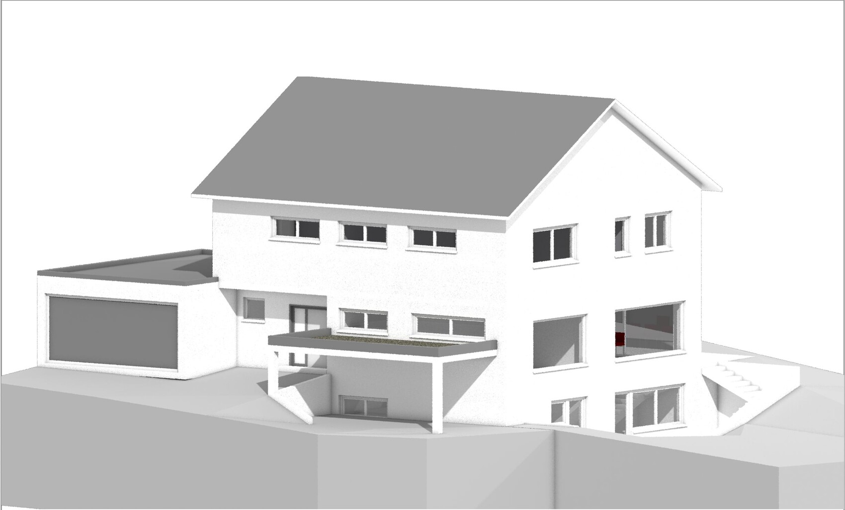 3D-Modell eines weißen, zweistöckigen Hauses mit Garage und Außentreppe.