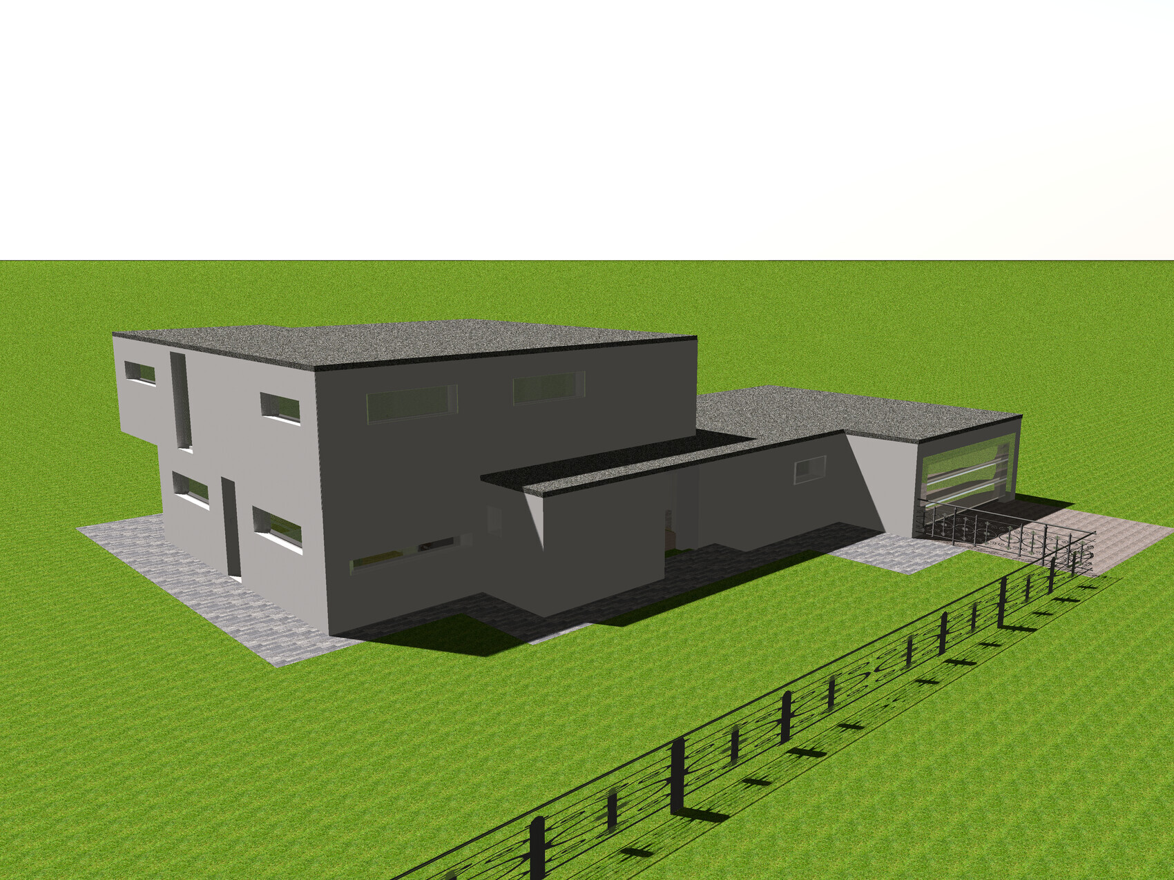 Moderne Villa mit flachen Dächern, grauer Fassade, Einfahrt, Garage und Zaun auf grünem Rasen.