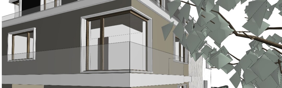 Moderne Gebäudefassade mit Glas-Balkon; Baum mit flachen, quadratischen Blättern im Vordergrund