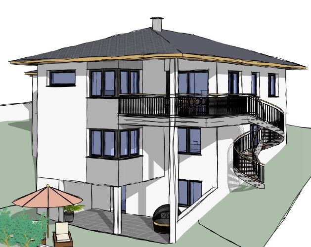 Moderne weiße Villa mit Dach, spiralförmiger Außentreppe, Balkon und Terrasse mit Sonnenschirm.