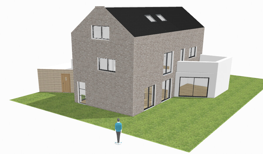 3D-Modell eines zweistöckigen Backsteinhauses mit schwarzem Dach, modernem Anbau und grünem Rasen