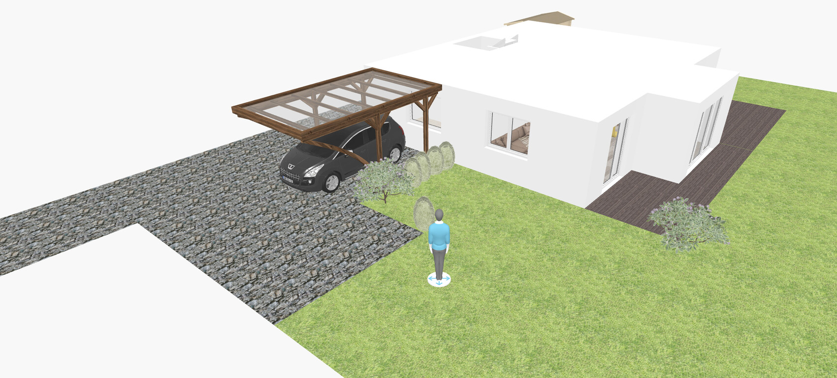 Modernes weißes Haus mit Holzcarport, Auto, Steinpflasterweg und Person im Garten.