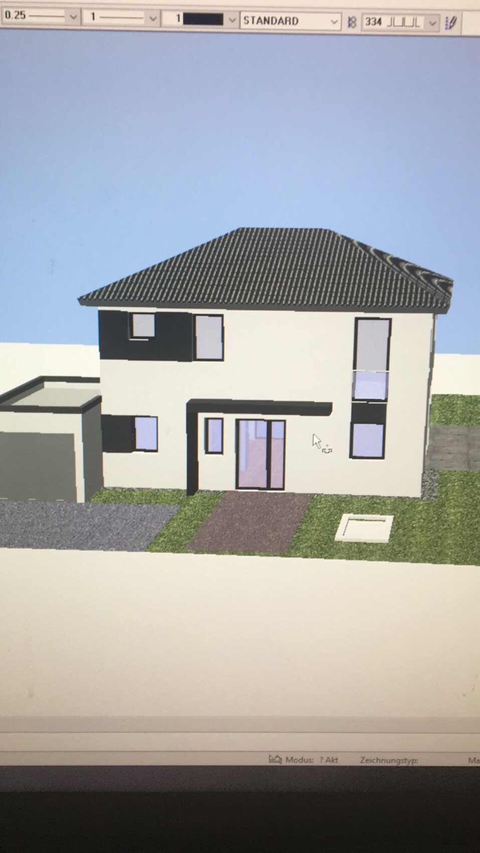Modernes zweistöckiges Einfamilienhaus mit Garage, großen Fenstern und Garten.