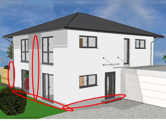 3D-Ansicht eines modernen weißen Hauses mit Garage und markierten Umrissen
