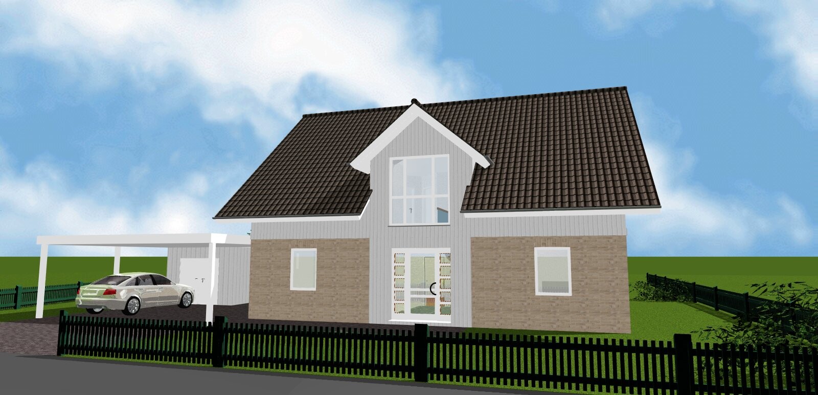 Modernes zweistöckiges Haus mit braunem Ziegeldach, Carport, Auto und Zaun