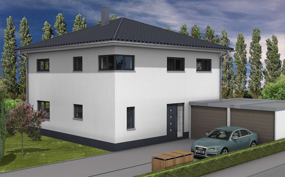Modernes weißes Einfamilienhaus mit grauem Dach, Garage und Audi vor der Einfahrt.